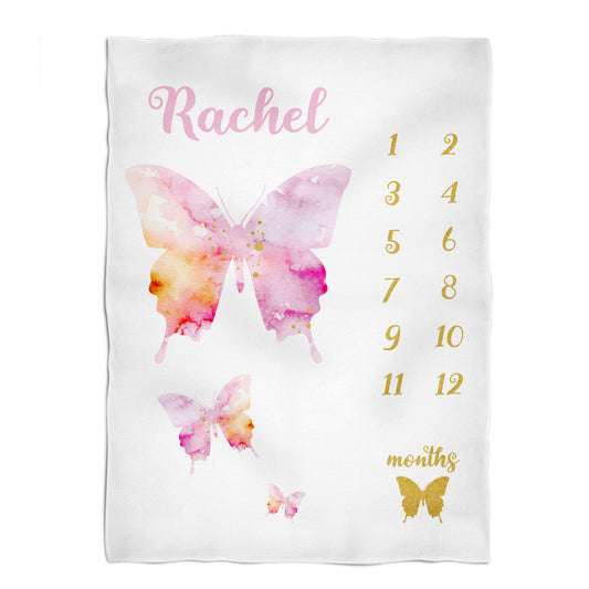 Butterfly Glitter Personalized Name Baby Months White Plush Minky Throw
