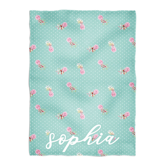 Floral Print Personalized Name Mint Minky Throw