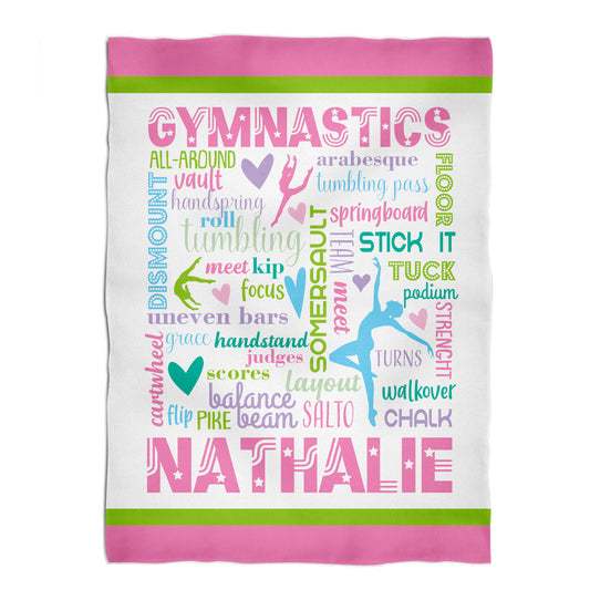 Gymnastics Personalized Name White and Pink Minky Throw Blanket