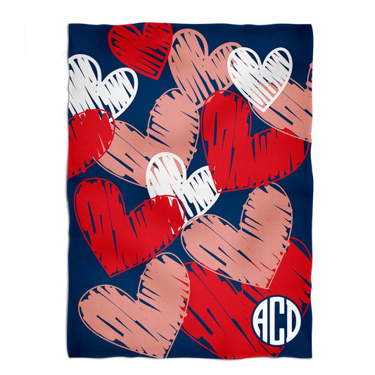 Hearts Print Monogram Navy Minky Blanket