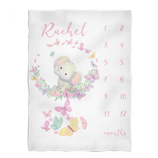 Little Elephant Personalized Name Baby Months White Plush Minky Throw