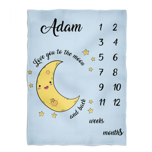 Moon Personalized Name Baby Light Blue Plush Minky Throw