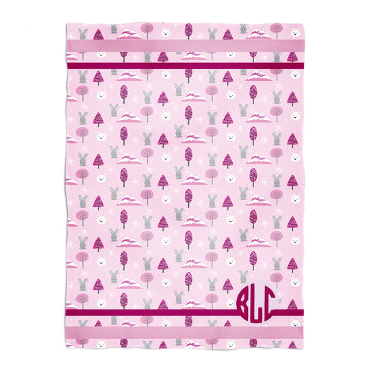 Rabbit and Tree Monogram Pink Minky Blanket