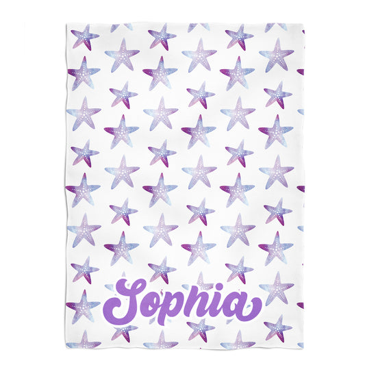 Starfish Print Personalized Name White and Purple Plush Minky Throw