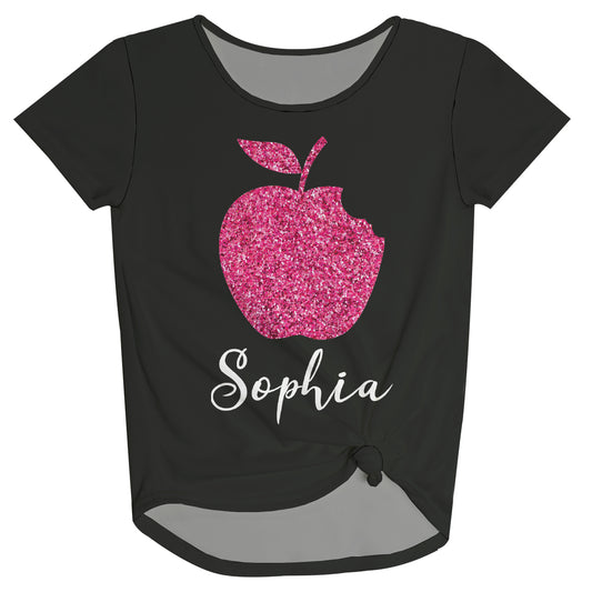 Glitter Apple Personalized Name Black Knot Top