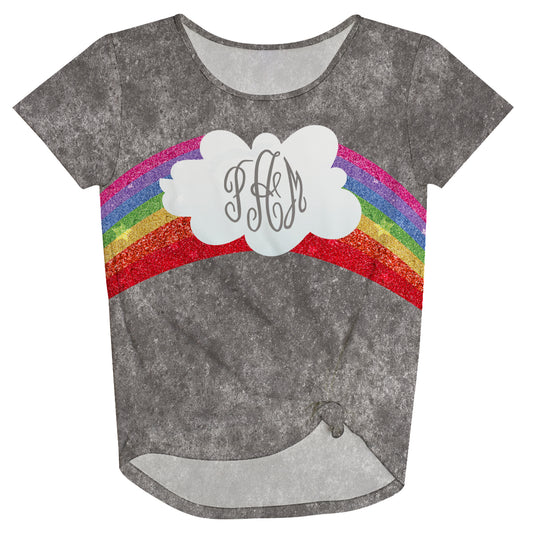 Glitter Rainbow Personalized Monogram Gray Denim Knot Top - Wimziy&Co.