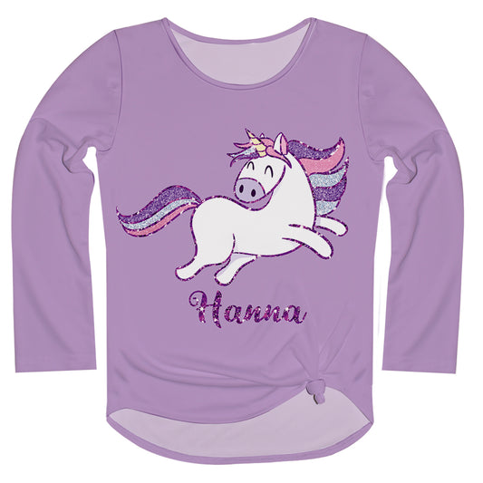 Glitter Unicorn and Name Lilac Long Sleeve Knot Top