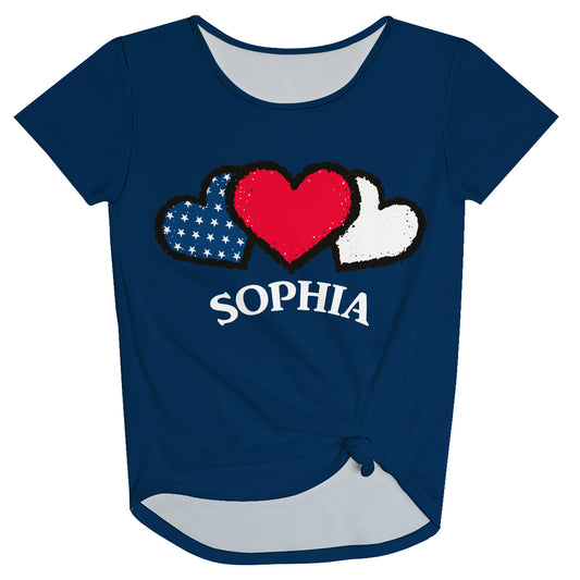 Hearts Personalized Name Navy Knot Top