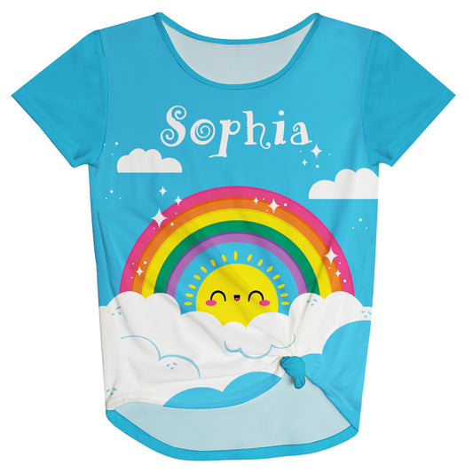 Happy Sun and Rainbow Personalized Name Aqua Knot Top - Wimziy&Co.