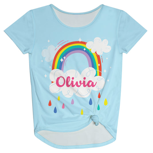Rainbow and Cloud Personalized Name Light Blue Knot Top - Wimziy&Co.