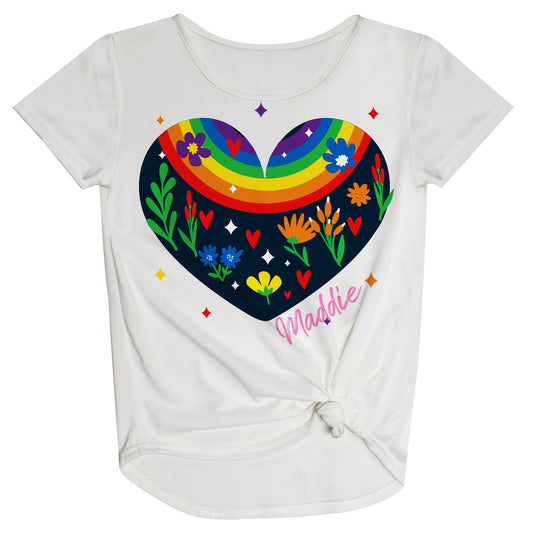 Rainbow Heart With Flowers Personalized Name White Knot Top - Wimziy&Co.