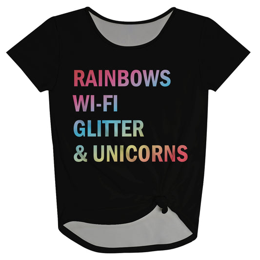 Rainbows Wifi Glitter and Unicorn Black Knot Top