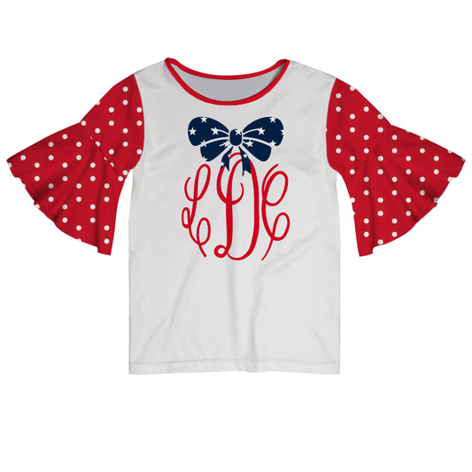 Bow Monogram White and Red Polka Dots Short Sleeve Ruffle Top