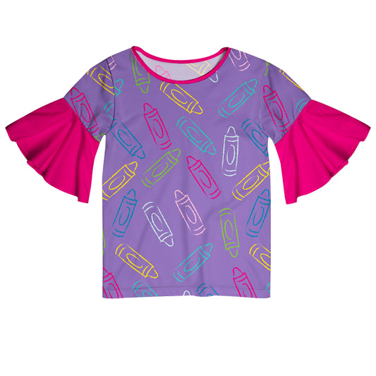 Crayons Print Purple And Hot Pink Short Sleeve Ruffle Top - Wimziy&Co.