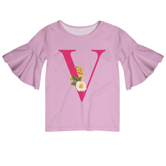 Flower Initial Name Pink Short Sleeve Ruffle Top