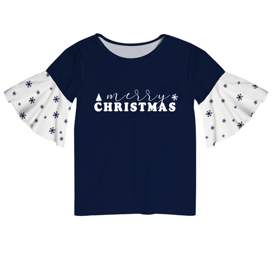 A Merry Christmas Navy and White Girl Ruffle Top Short Sleeve