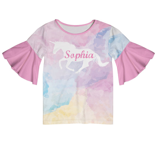 Unicorn Personalized Name Pink Watercolor Short Sleeve Ruffle Top