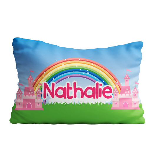 Rainbow and Castles Personalized Name Blue Green Pillow Case 20 x 27""