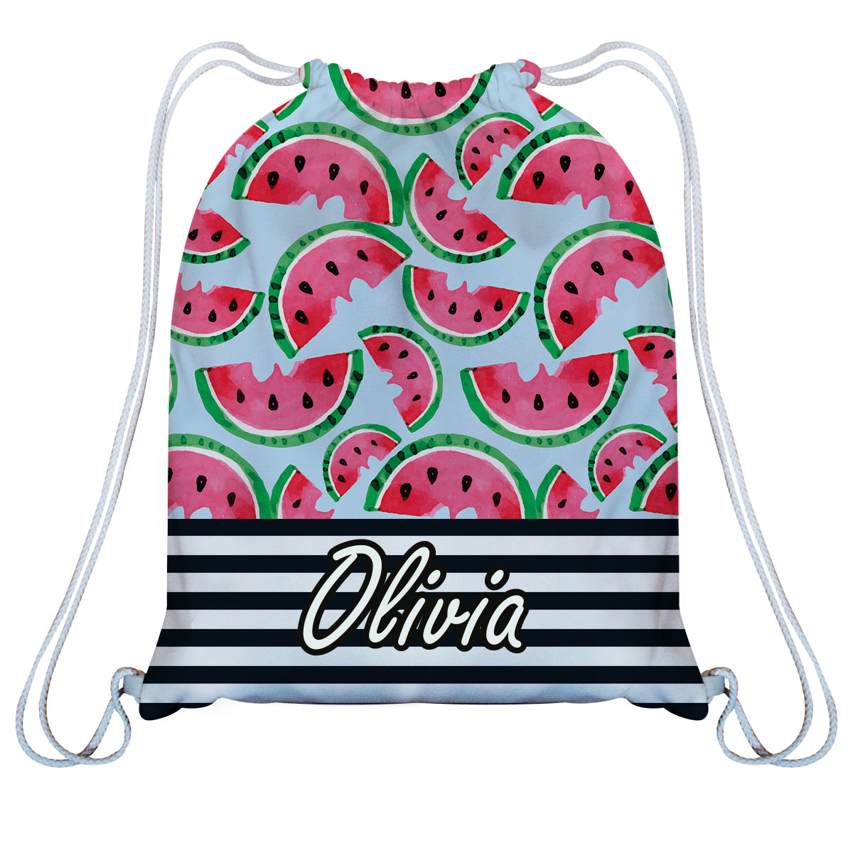 Watermelon Print Personalized Name White Black and Light Blue Beach Bag 14 x 19""