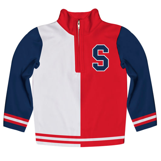 Geometric Personalized Initial Name White Navy and Red Heavy Weight Performance 4-Way Stretch 1/4 Zip Pullover