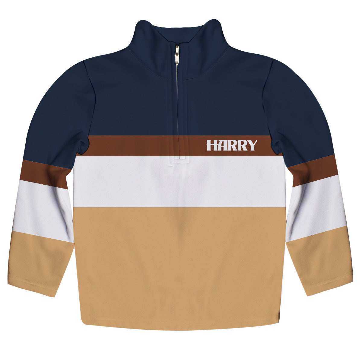 Stripes Personalized Name Navy Brown and Beige Heavy Weight Performance 4-Way Stretch 1/4 Zip Pullover