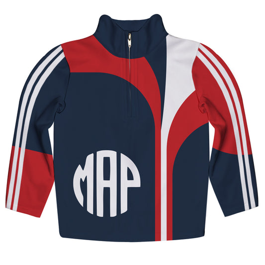 Stripes Personalized Monogram Navy Red and White Heavy Weight Performance 4-Way Stretch 1/4 Zip Pullover