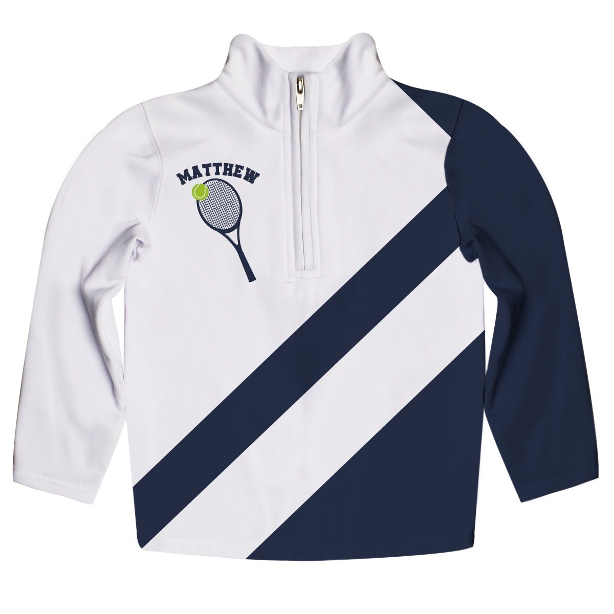 Tennis Personalized Name White and Navy Heavy Weight Performance 4-way Stretch 1/4 Zip Pullover