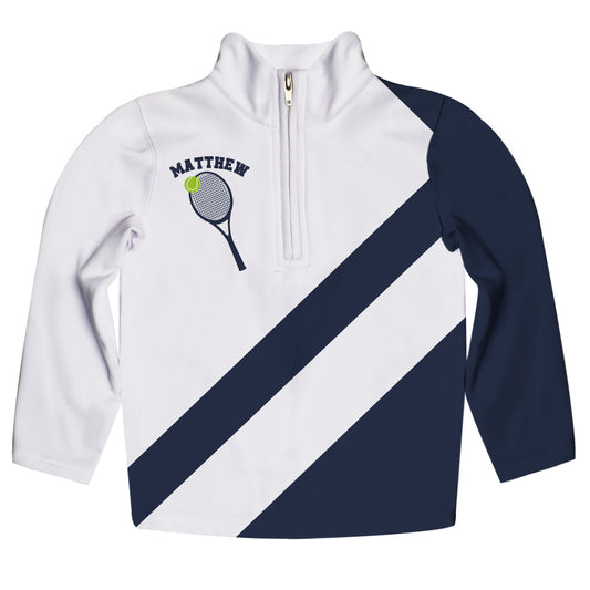 Tennis Personalized Name White and Navy Heavy Weight Performance 4-way Stretch 1/4 Zip Pullover