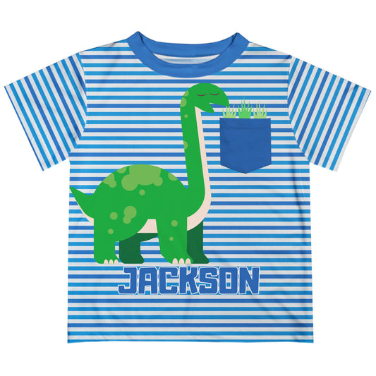 Dino Personalized Name Royal Stripes Short Sleeve Tee Shirt with Pocket