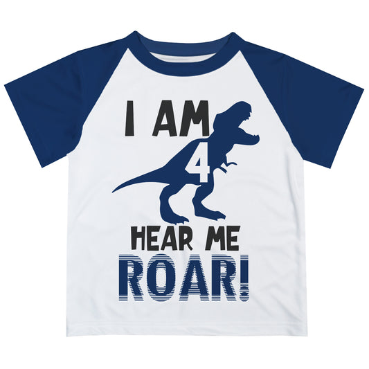 Hear Me Roar Personalized Age White and Navy Raglan Short Sleeve Tee Shirt