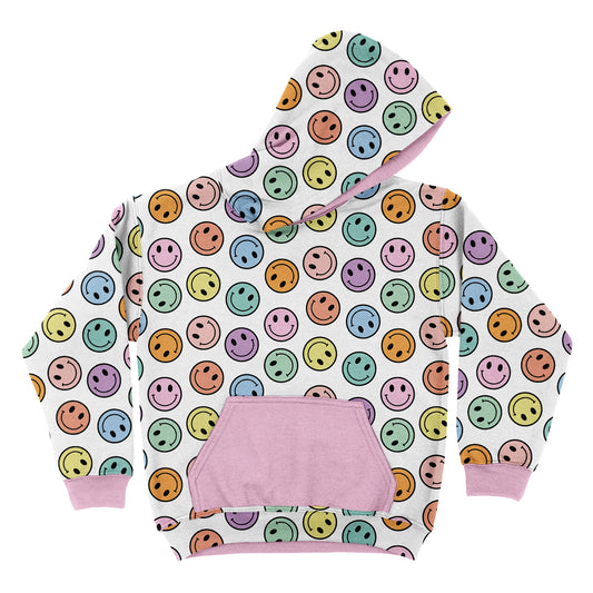Happy Face Print White and Pink Fleece Long Sleeve Hoodie