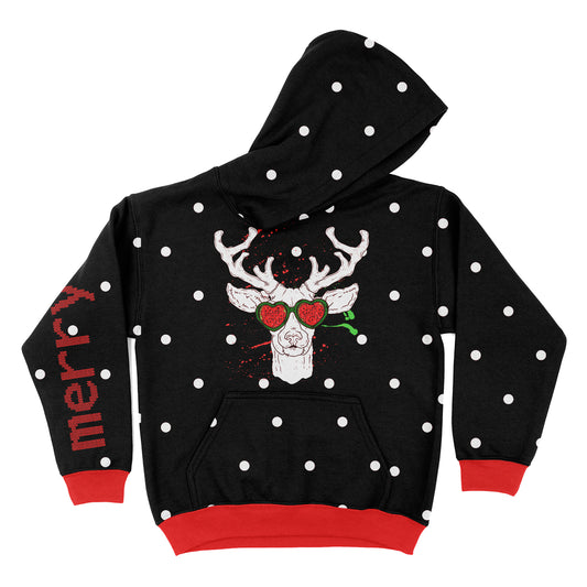 Merry Christmas Deer Black Fleece Long Sleeve Hoodie