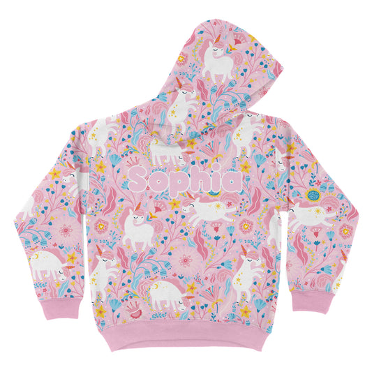 Floral Unicorn Personalized Name Pink Long Sleeve Hoodie