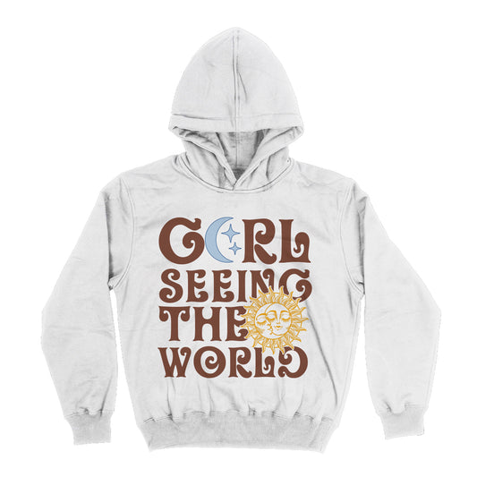 Girl Seeing The World White Heavy Weight Performance 4-way Stretch Hoodie