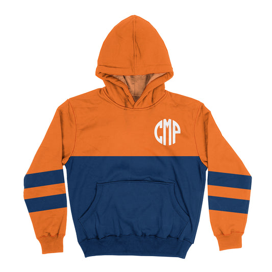 Personalized Monogram Orange and Navy Stripes Heavy Weight Performance 4-way Stretch Hoodie
