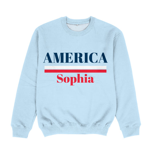 America Personalized Name Light Blue Crewneck Sweatshirt