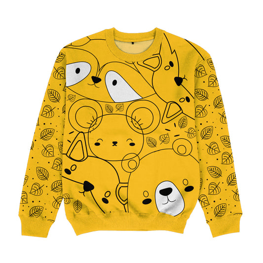 Bear Fox Mouse Print Yellow Crewneck Sweatshirt