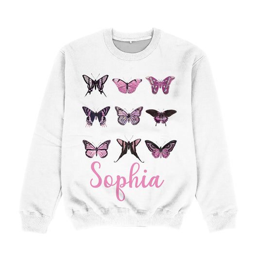 Butterflies Personalized Name White Crewneck Sweatshirt