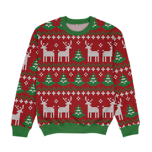 Christmas Deer Knited Print Red and Green Crewneck Sweatshirt