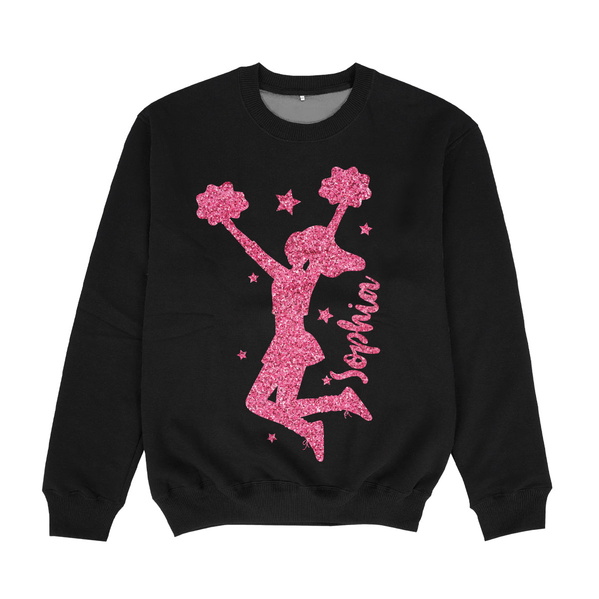 Cheerleader Glitter Personalized Name Black and Pink Crewneck Sweatshirt
