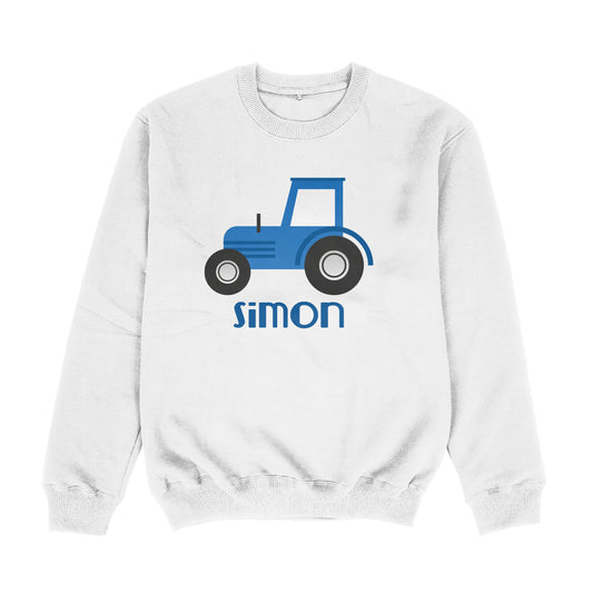 Farm Truck Personalized Name White and Blue Crewneck Sweatshirt