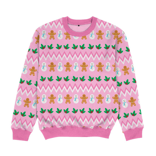 Gingerbread and Snowman Print Pink Crewneck Sweatshirt