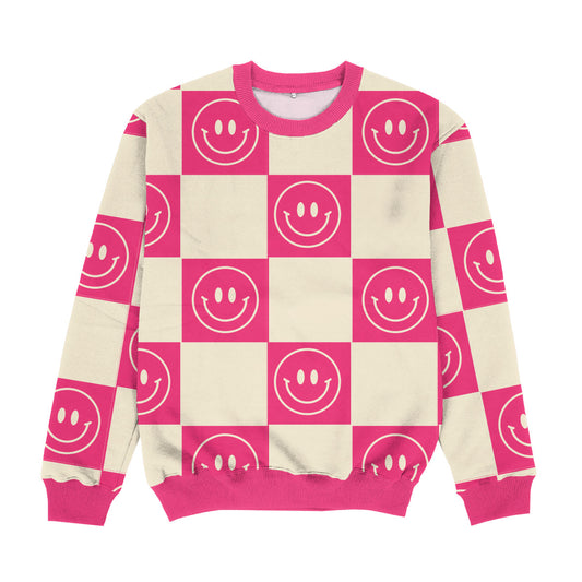 Happy Faces Pink and Beige Check Crewneck Sweatshirt