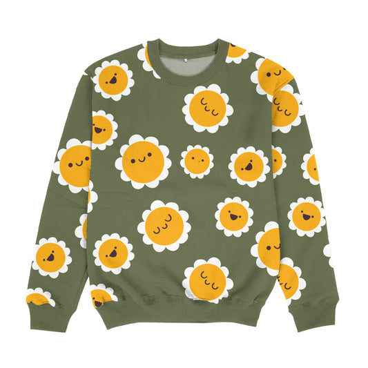 Smiley Flowers Olive Green and Yellow Crewneck Sweatshirt
