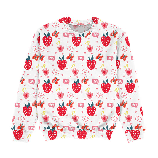 Strawberry Print White and Red Crewneck Sweatshirt