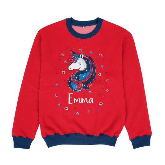 Unicorn Personalized Name Red and Navy Crewneck Sweatshirt