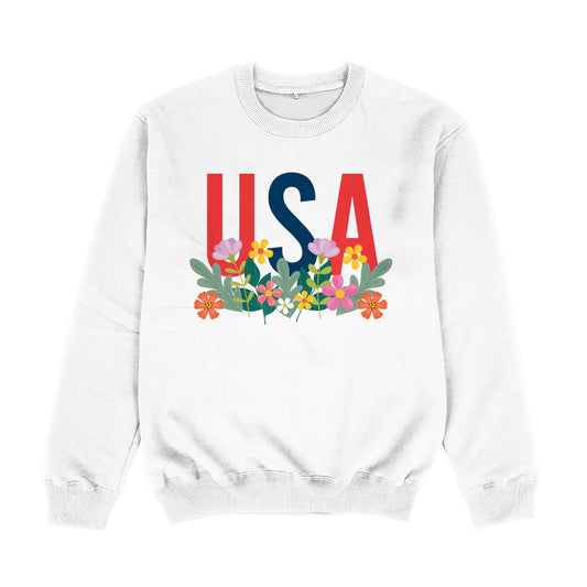 USA Flowers White Crewneck Sweatshirt