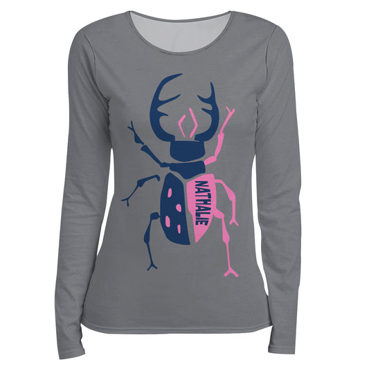 Beetle Personalized Name Gray Navy Long Sleeve Tee Shirt