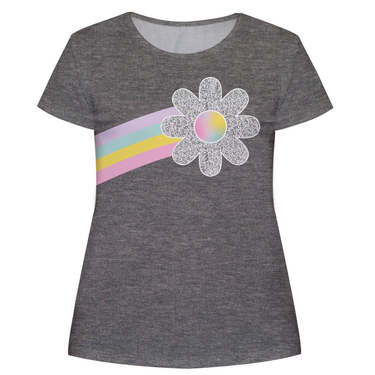 Flower and Rainbow Gray and Yellow Short Sleeve Tee Shirt