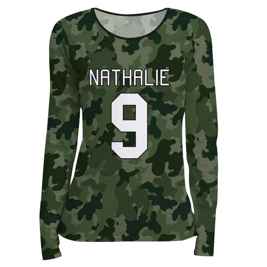 Personalized Name and Number Camouflage Green Long Sleeve Tee Shirt